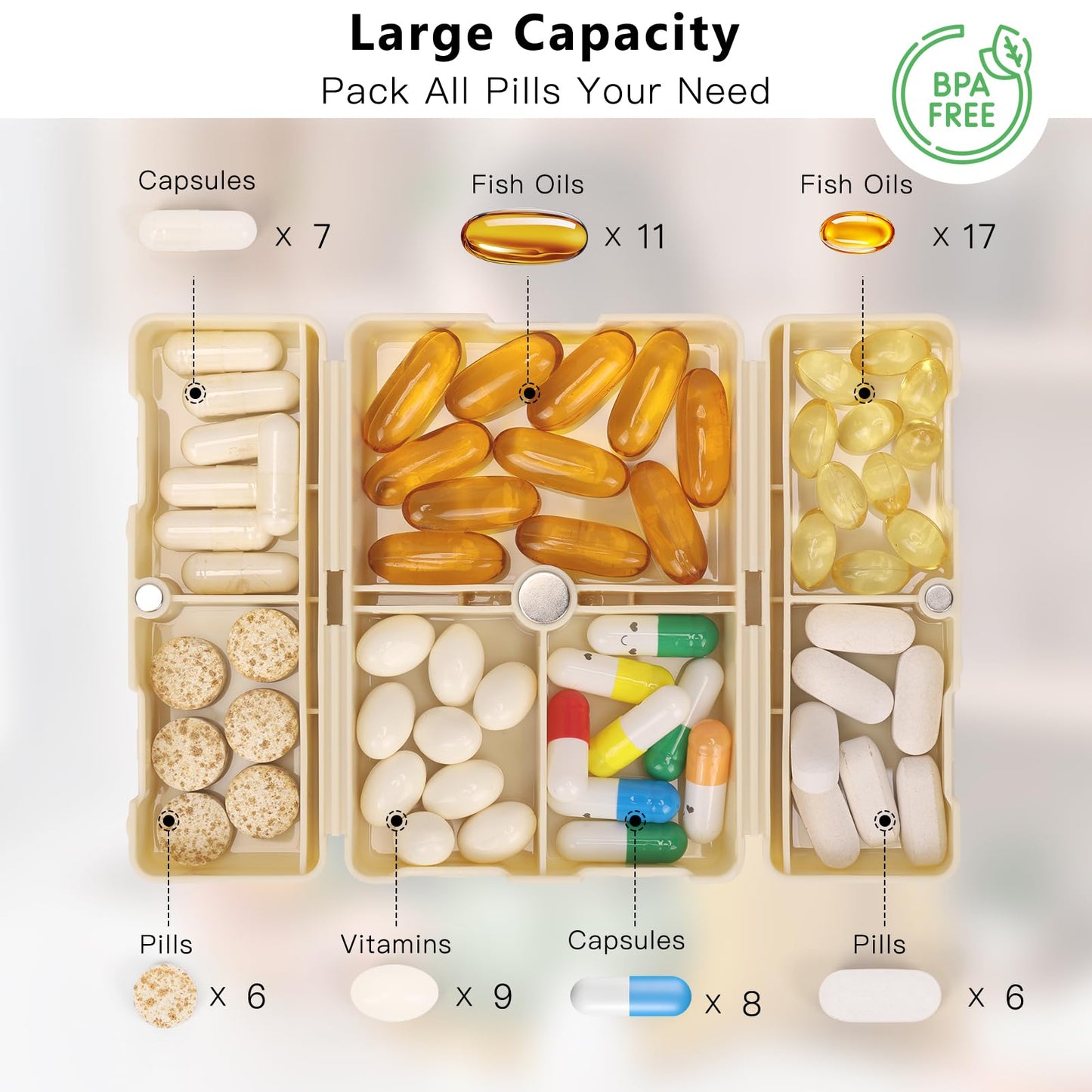 FYY Daily Pill Organizer,2 Pcs 7 Compartments Portable Pill Case Travel Pill Organizer,[Folding Design] Pill Box for Purse Pocket to Hold Vitamins,Cod Liver Oil,Supplements and Medication-White