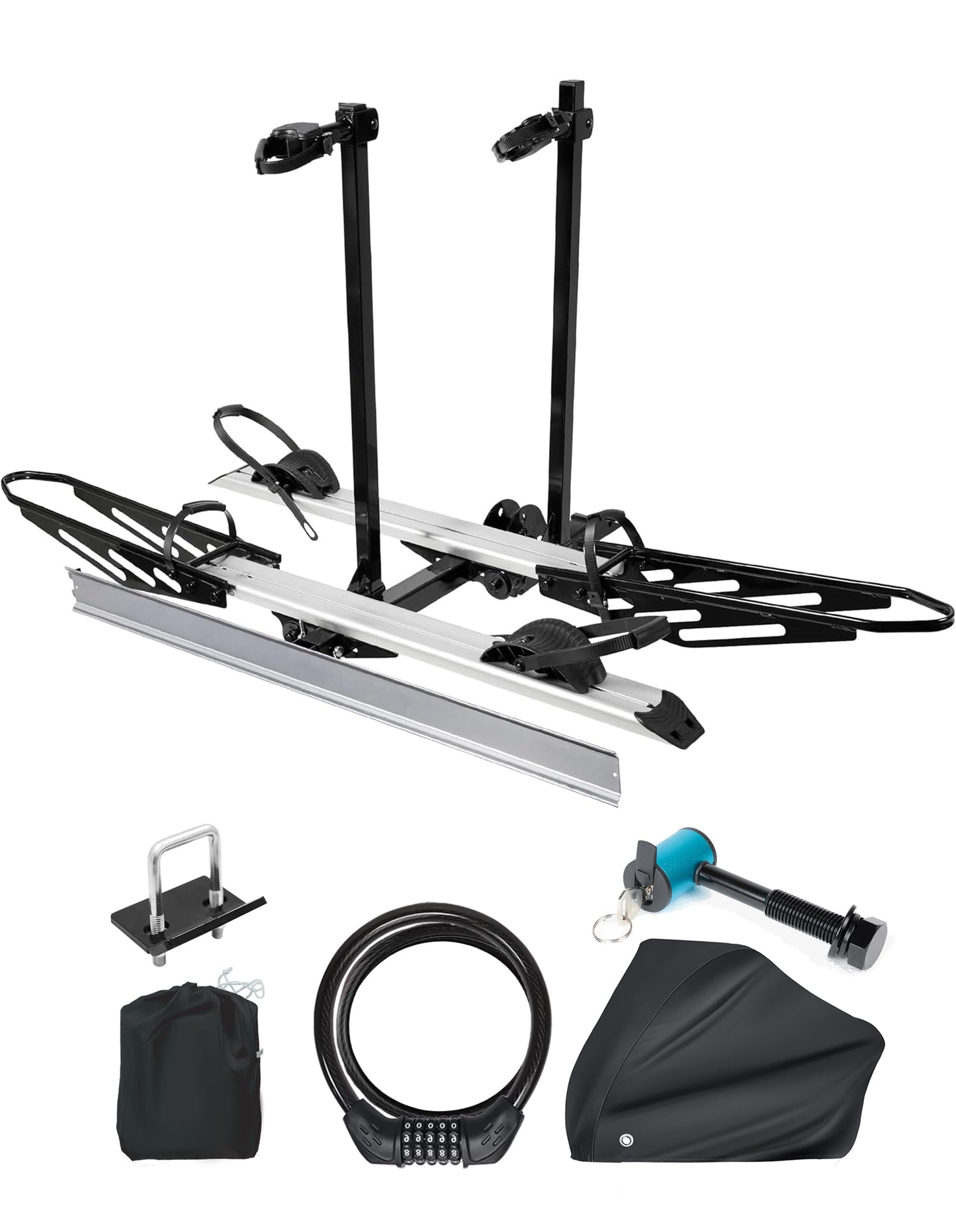 RokRack Plus Foldable 2 Ebike Rack with Ramp, 200 lbs Capacity Electric Bike Carrier Platform Mount, Hitch Bike Rack for Car SUV with Hitch Stabilizer, Lock Pin, Rain Cover & Lock