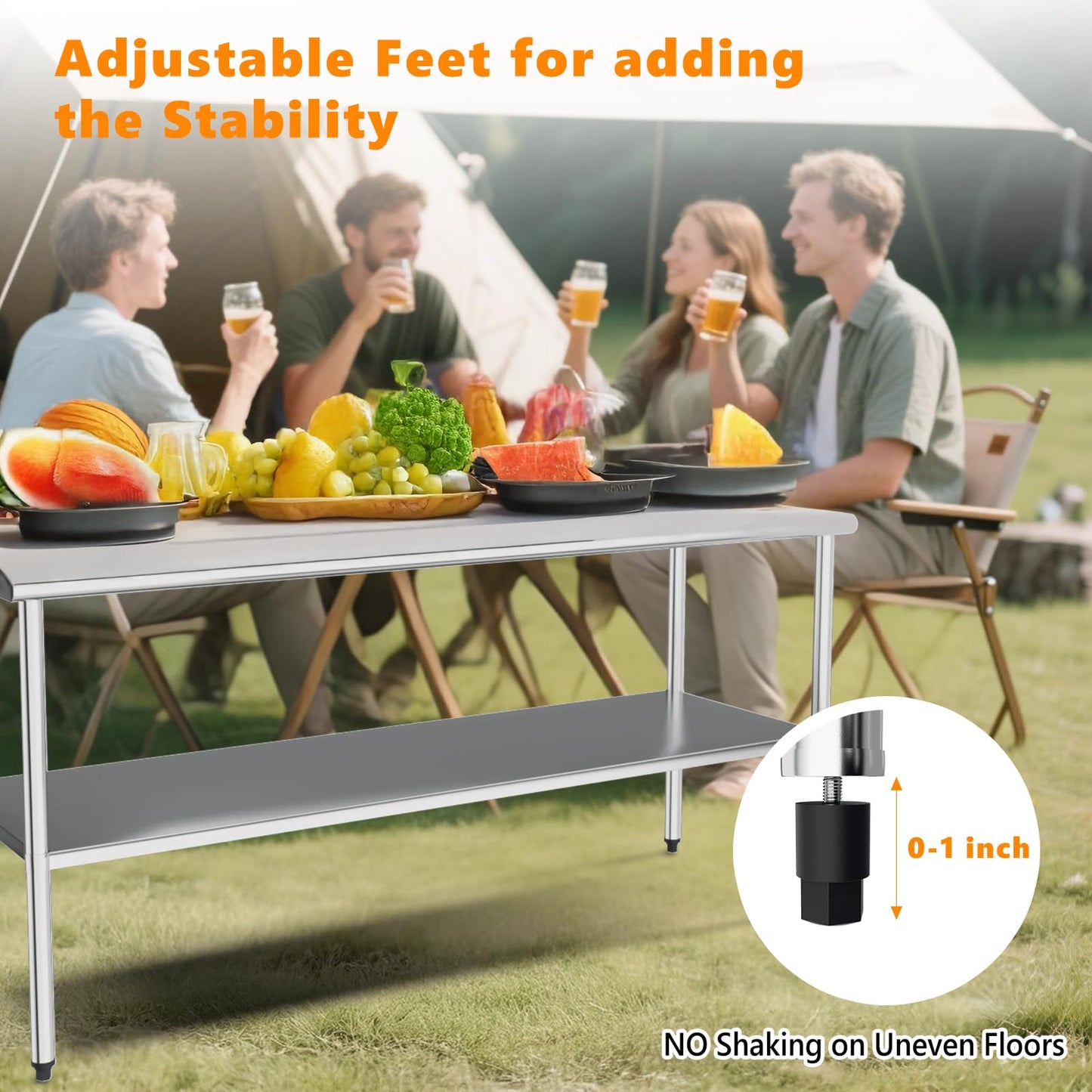 ROVSUN 72'' x 24'' Stainless Steel Table for Prep & Work,Commercial Worktables & Workstations,Heavy Dut Metal Table with Adjustable UnderShelf & Backsplash for Kitchen, Restaurant,Home,Hotel