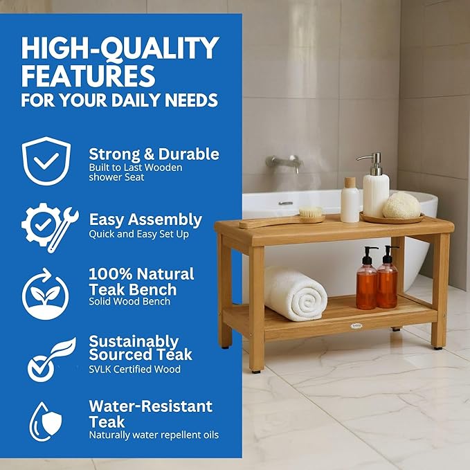 EcoDecors Eleganto 30 Inch Natural Color Waterproof Teak Wood Shower Bench Stool Seat Chair For Inside Shower Provides Safety, Storage, and Organization For Bathroom Accessories