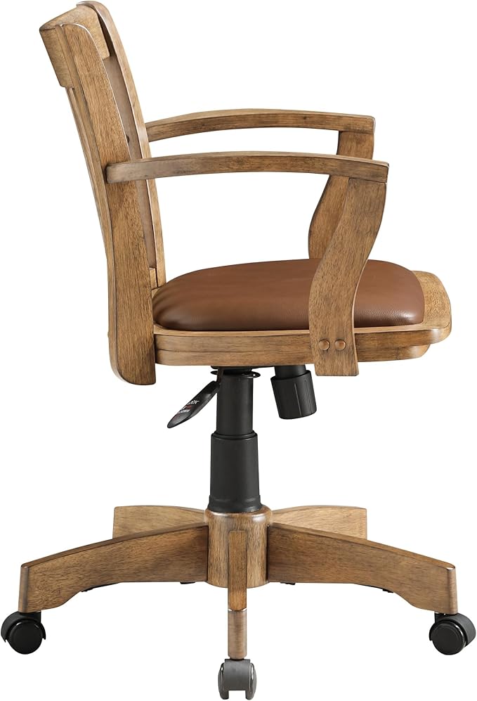 OSP Home Furnishings Deluxe Wood Banker's Desk Chair with Padded Seat, Adjustable Height and Locking Tilt, Fruitwood Finish and Brown Vinyl