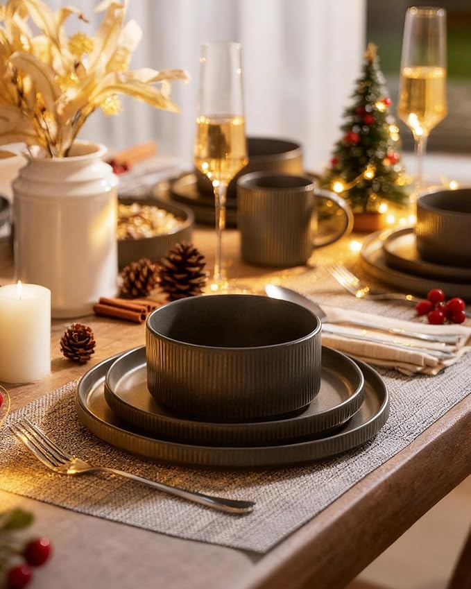famiware Star Plates and Bowls Sets, Modern Stoneware Dinnerware Sets for 8, 24-Piece Kitchen Dish Set - Microwave and Dishwasher Safe, Chip and Scratch Resistant, Matte Dark Charcoal