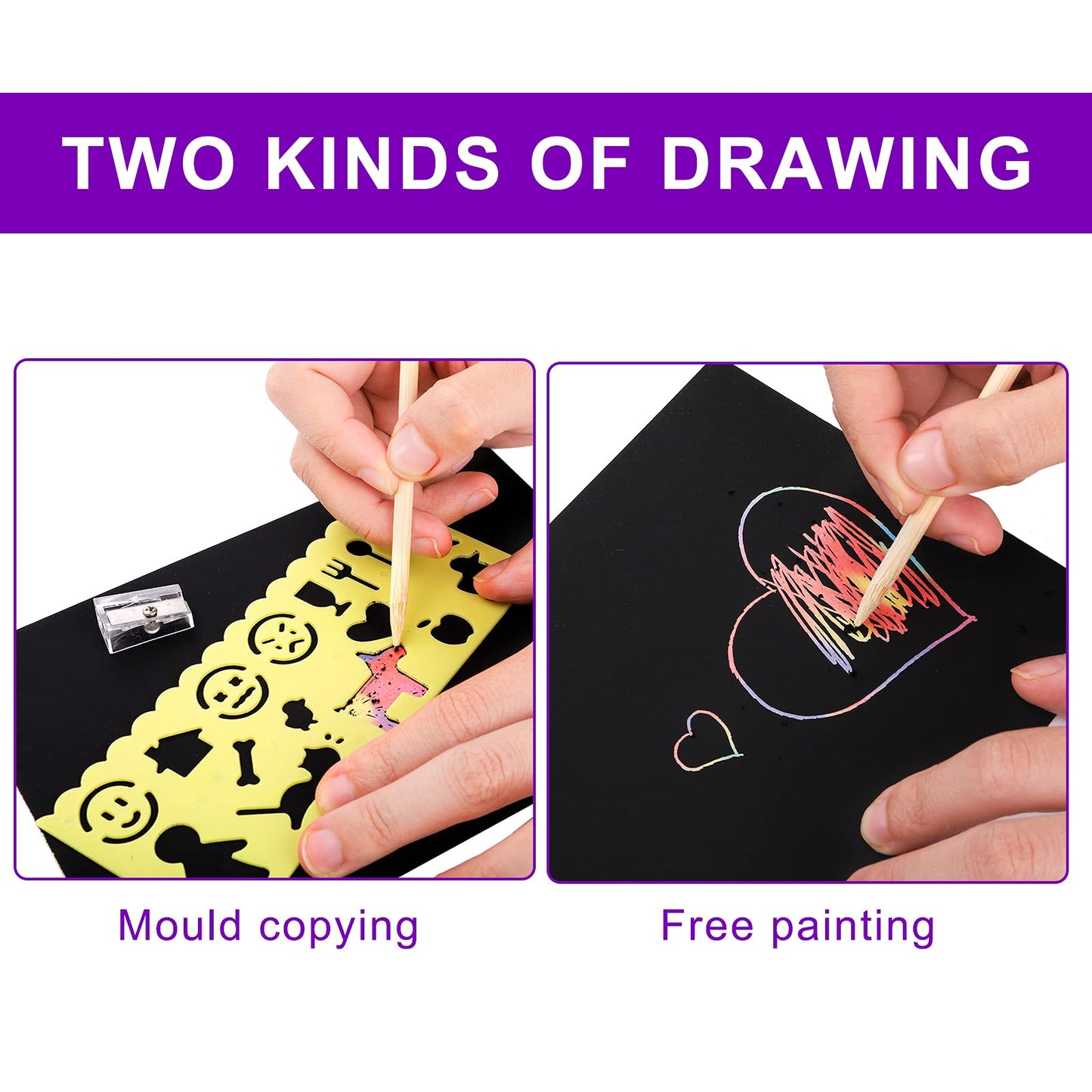 ZEAYEA 200 Pcs Scratch Paper Art Set, Scratch Off Magic Paper with 10 Stylus, 8 Stencils, Black Scratch Notes for Boys and Girls DIY Crafts Christmas Birthday Gift Cards