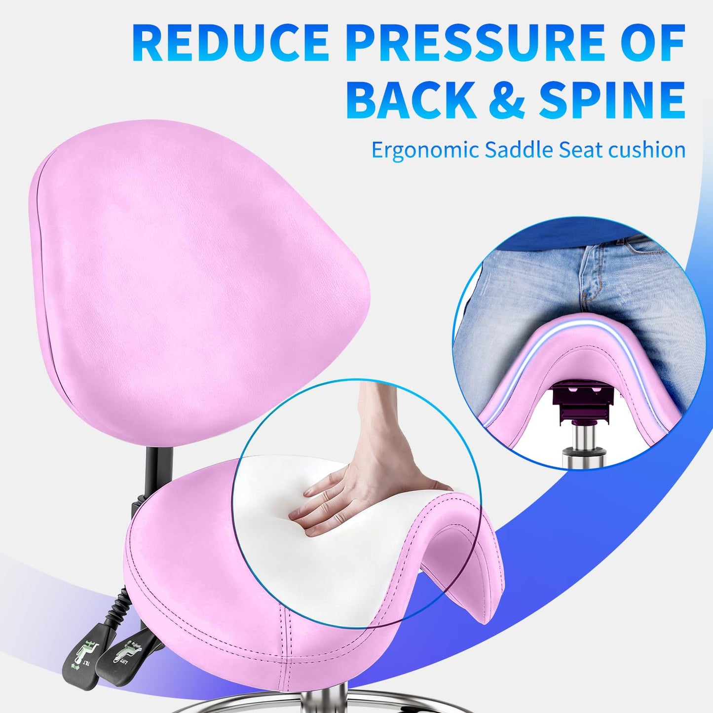Saddle Chair with Back Support - Tilted Backrest, Adjustable Foot Rest, 350 LBS Capacity Ergonomic, 360° Swivel Drafting Chair for Salon, Spa, Massage, Tattoo, Facial lash, Home,（Macaron Purple）