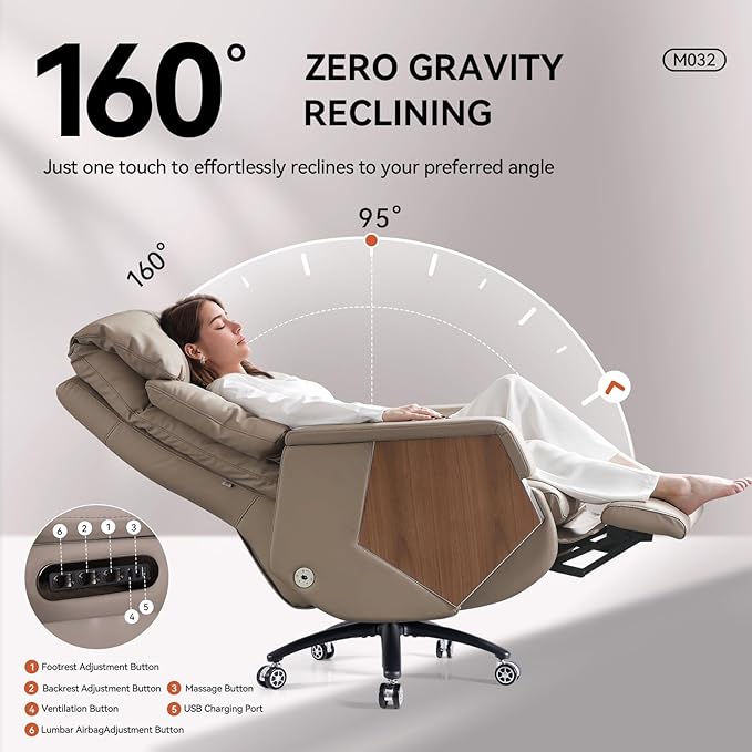 EMIAH Ergonomic Office Chair with Footrest Electric Reclining Executive Office Chair Big and Tall with Massage and Ventilation High Back Comfortable Swivel Desk Chair, Genuine Leather (Light Khaki)