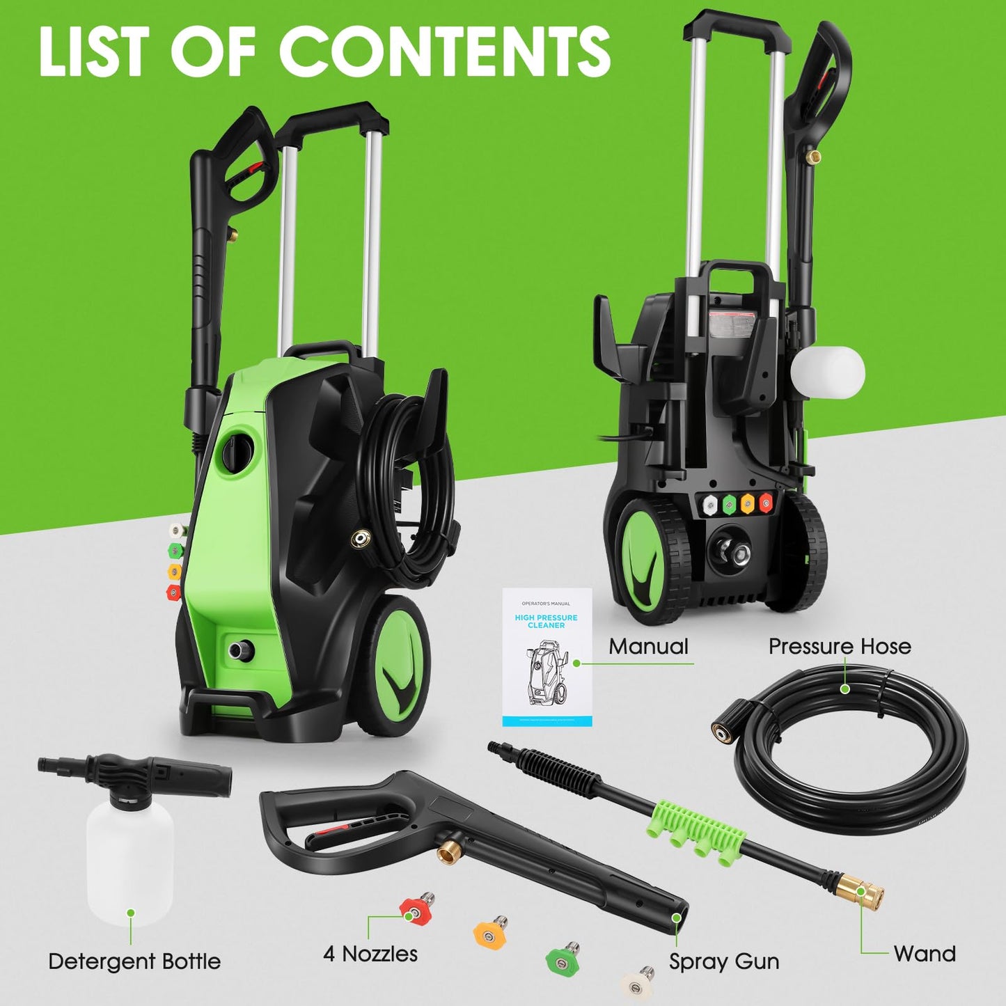 Imdot 5000PSI 4.0GPM Heavy Duty Electric Pressure Washer with 33 FT Extension Hose, 4 QCNozzles and 500ml Foam Cannon for Cars/Fences/Driveways/Patios/Home Cleaning, Green