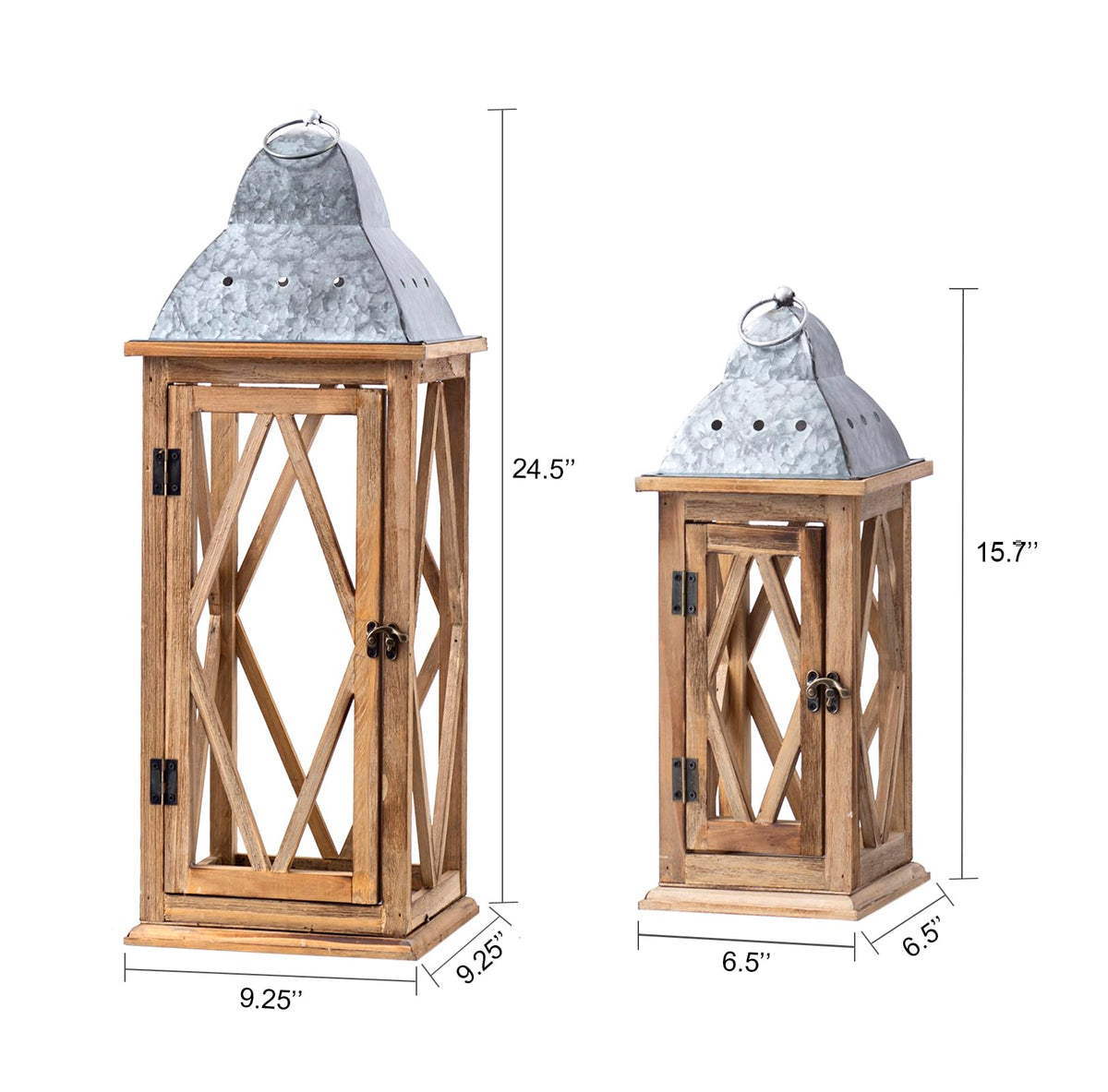 Large Farmhouse Wooden Metal Lantern Set of 2, Rustic Decorative Floor Candle Lanterns, Indoor/Outdoor Hanging Lanterns for Home Decor (No Glass)