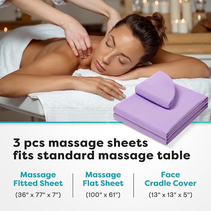 Comfyanno Massage Table Sheets Sets, 3 Pcs Professional Microfiber Massage Bed Cover Sheets, Soft, Light-Weight, Stain & Wrinkle Resistant, Includes Flat & Fitted Sheet, Face Cradle Cover - Lavender