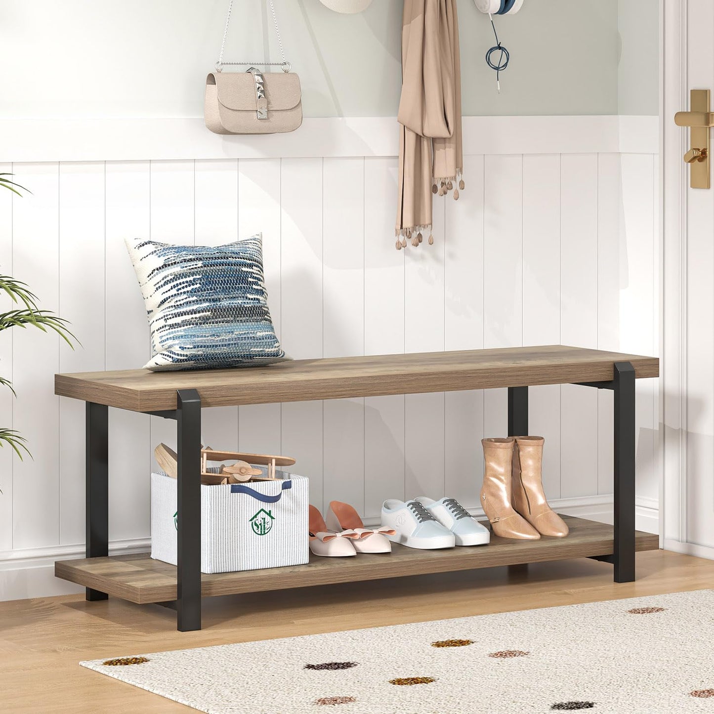FOLUBAN Entryway Bench, Industrial Shoe Storage Bench for Bedroom Living Room, Modern Indoor Bench Seat for Hallway Front Door Entrance, Easy Assembly, Oak 47 inch