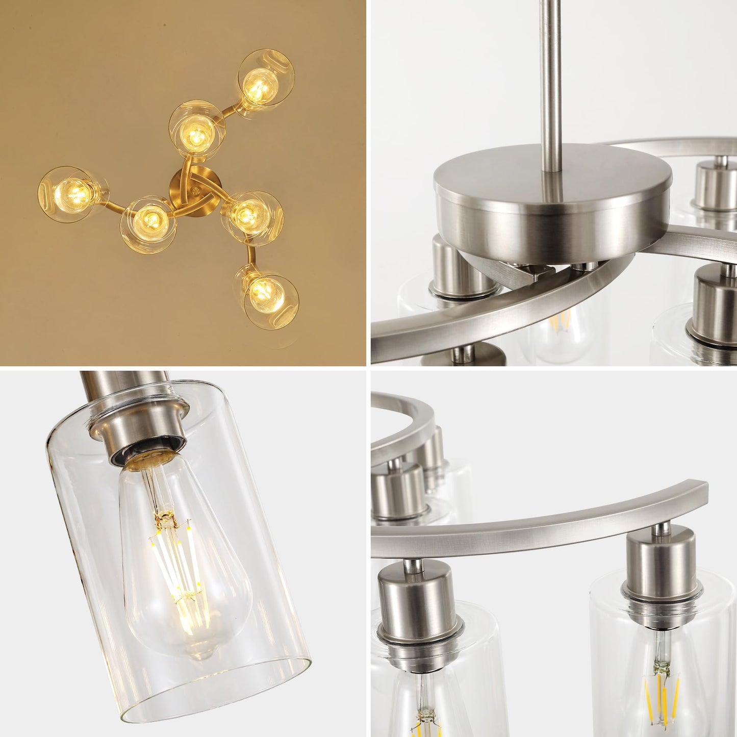 Sigaitwei 6 Light Farmhouse Brushed Nickel Chandelier,21.7" Modern Chandeliers for Dining Room Light Fixtures Over Table,Pendant Lights Kitchen Island,Metal Bracket with Downward Clear Glass Shade