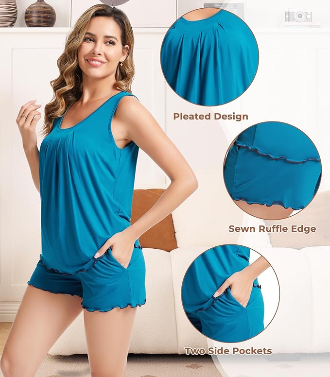 NACHILA Pajamas for Women-Viscose from Bamboo, Ribbed Racerback Tank Top Sexy Split Shorts Pajama Sets Cooling Sleep Cami Pjs
