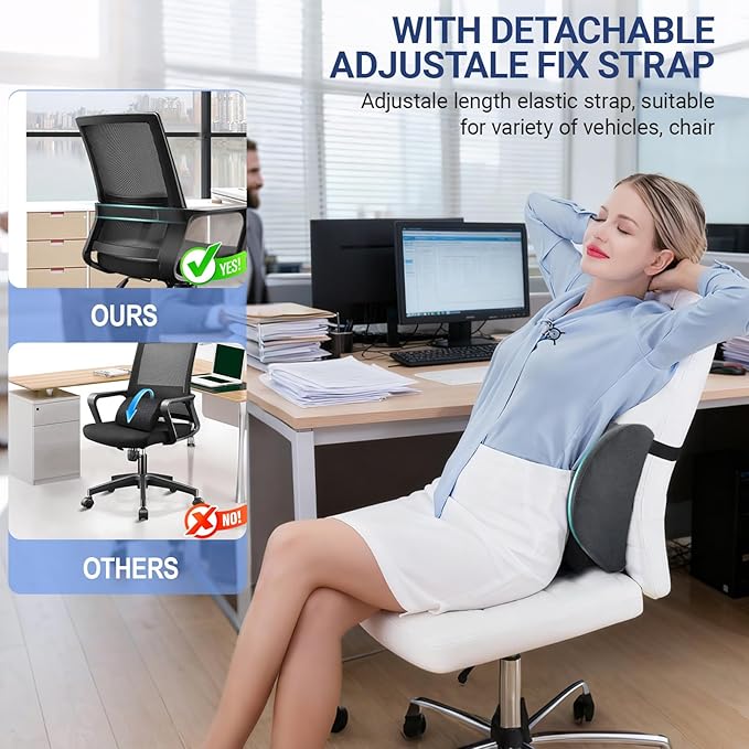 FOUSUPDT Lumbar Pillow with Adjustable Strap, Memory Foam Lumbar Support Pillow for Office Chair and Car Seat, Back Pillow for Lower Back, Back Support Pillow for Sitting, Driving, Traveling