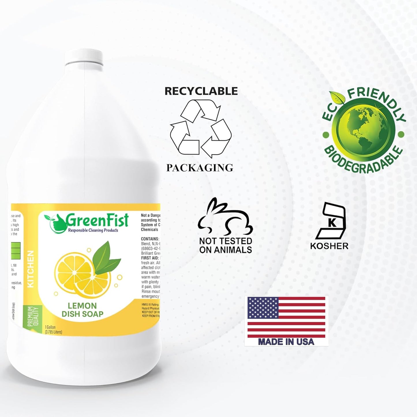 GreenFist Dish Soap Professional Detergent Liquid Pot & Pan Dish-Wash - Light or Heavy Use (Lemon, 1 Gallon)