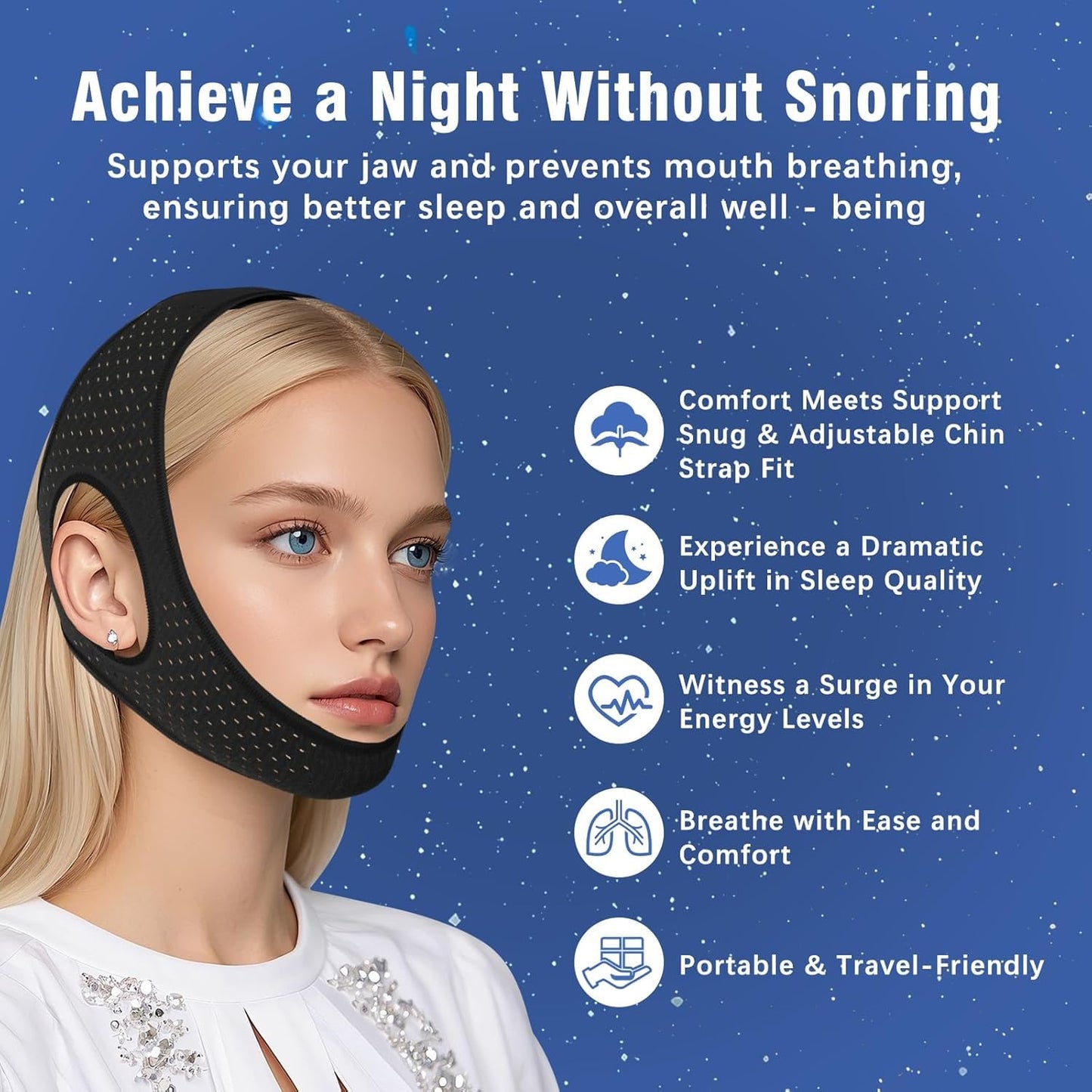 Chin Strap for Sleeping, Effective Anti Snoring Devices, Airflow Jaw Strap for Sleep Apnea Breathable and Comfortable, Adjustable Anti Snoring Chin Strap for Men and Women