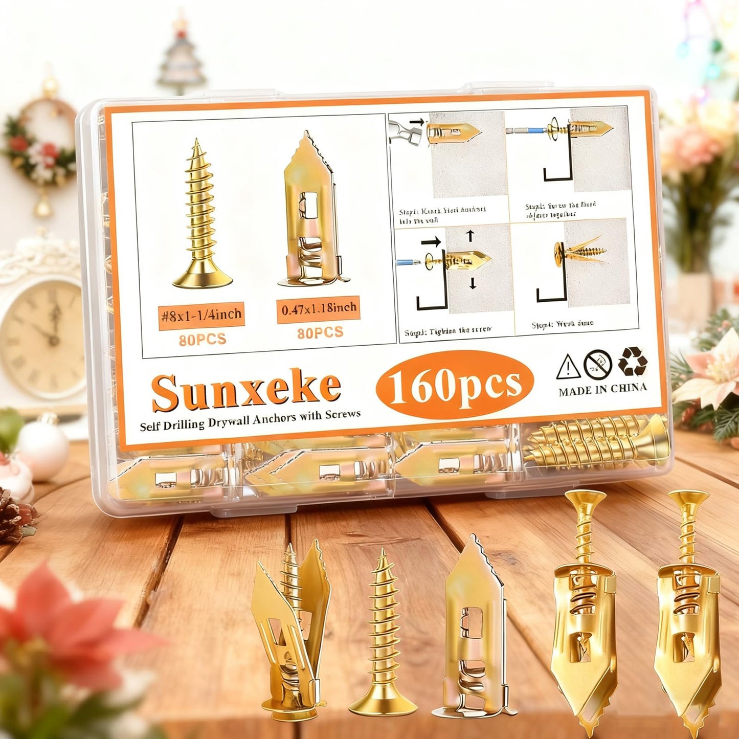 Sunxeke 160Pcs Self Drilling Drywall Anchors for Christmas Decor,80 Sheetrock Anchors & 80 Zinc Expansion Screws,No Drill Needed Wall Anchors with Screws,Hold Up to 66lbs for Picture Frame,Shelves