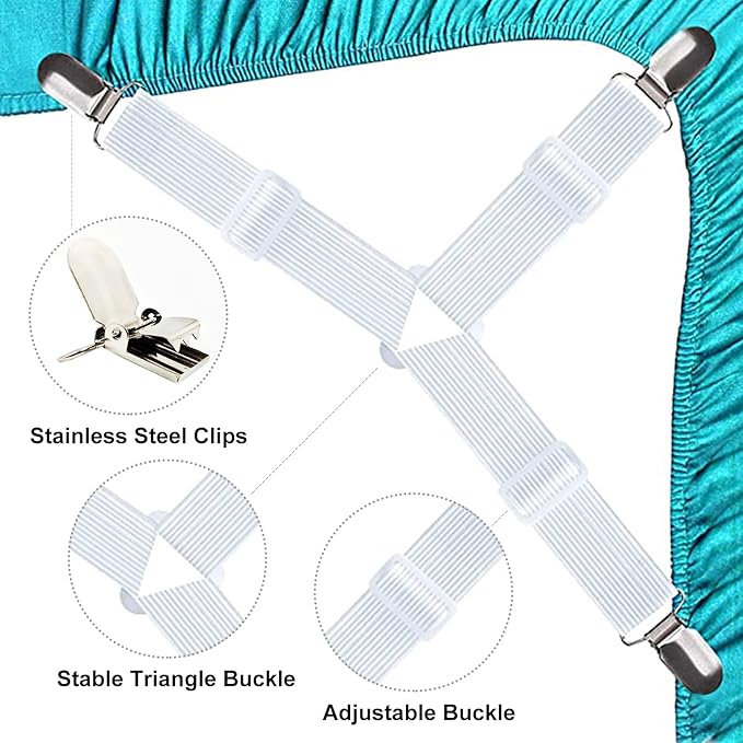 4 PCS Fitted Bed Sheet Straps - Elastic Suspenders with Metal Clips for Bed Sheets, Mattress Covers, Sofa Cushions - Adjustable Fasteners to Keep Sheets Wrinkle-Free (White-4pcs)