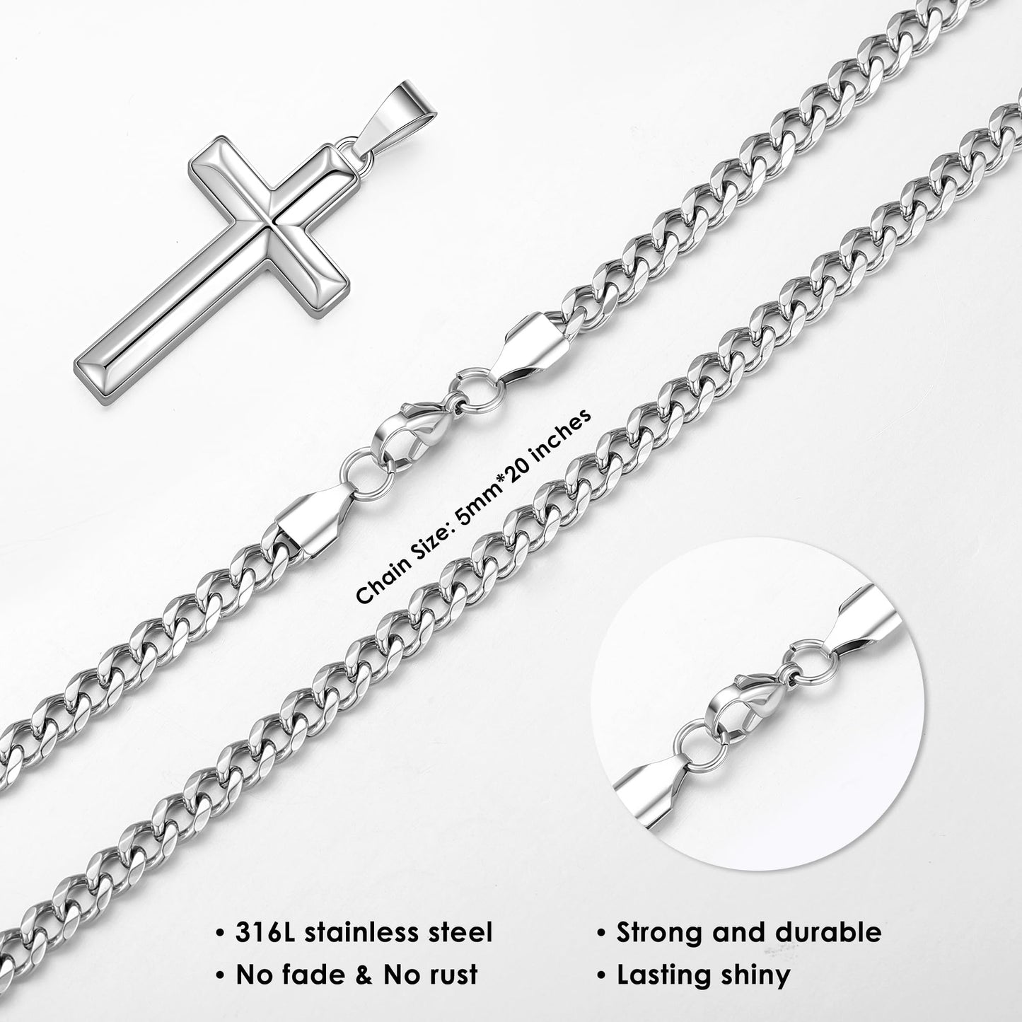 IEFLIFE Cross Necklace Gifts for Brother - Stainless Steel Silver Cuban Link Chain Cross Necklace for Men Fathers Day Birthday Gifts for Brother Gift from Sister Necklaces Gift for Men Him