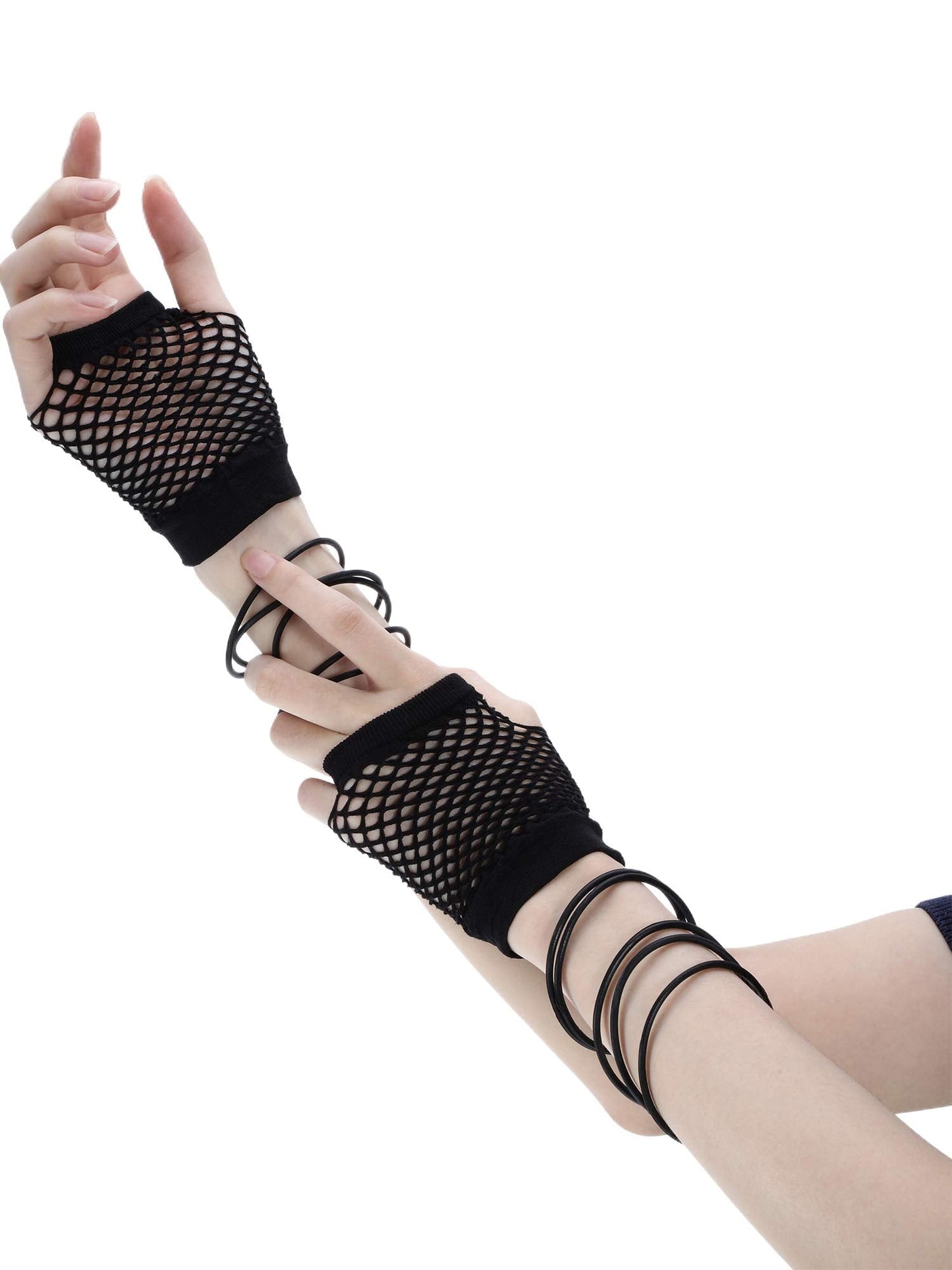 80s Fancy Dress Costume Accessories Lace Headband Earrings Fishnet Gloves Necklace Bracelet for 80s Retro Party (Black)