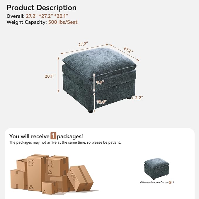 Abbrevi 27" Large Square Ottoman with Storage, Modern Upholstered Footrest with Anti-Slip Legs for Couch Coffee Table Living Room, Bedroom, Entryway, Chenille Blue