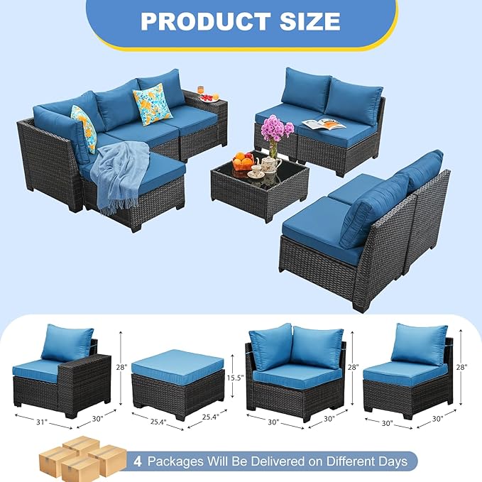 SunloungeCo 9 Pieces Outdoor Patio Furniture Set, Wicker Conversation Sets with Tea Table, Rattan Patio Sofa with Thick Cushions for Garden, Backyard Porch, Poolside,Peacock