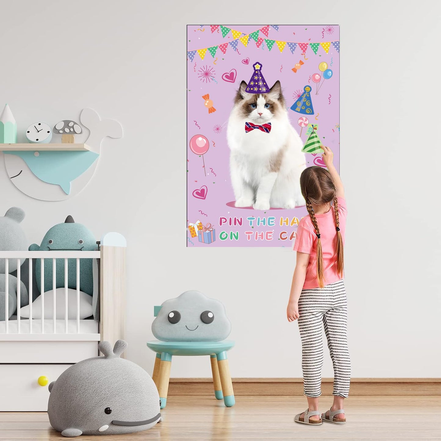 T-Antrix Pin The Hat on The Cat Party Games -Cat Themed Birthday Games for Girls with 21'' x 28'' Poster, Resuable Hats Stickers Carnival Party Supplies Kids Birthday Party Favor Sets