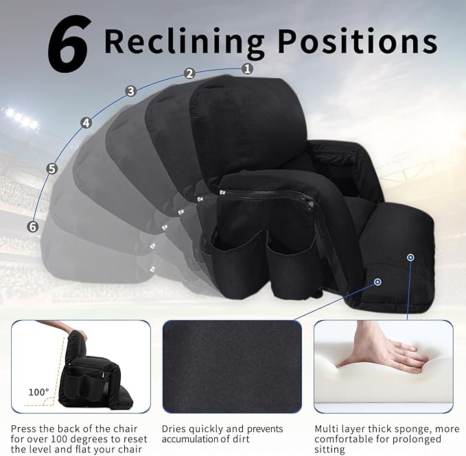 Stadium Seats with Back Support ,Wide Stadium Chairs with Back and Cushion, Sofa Style Bleacher Chairs, 6 Reclining Positions, Extra Thick Bleacher Seat for Sports Events( Black-1 Pack, Wide|25")