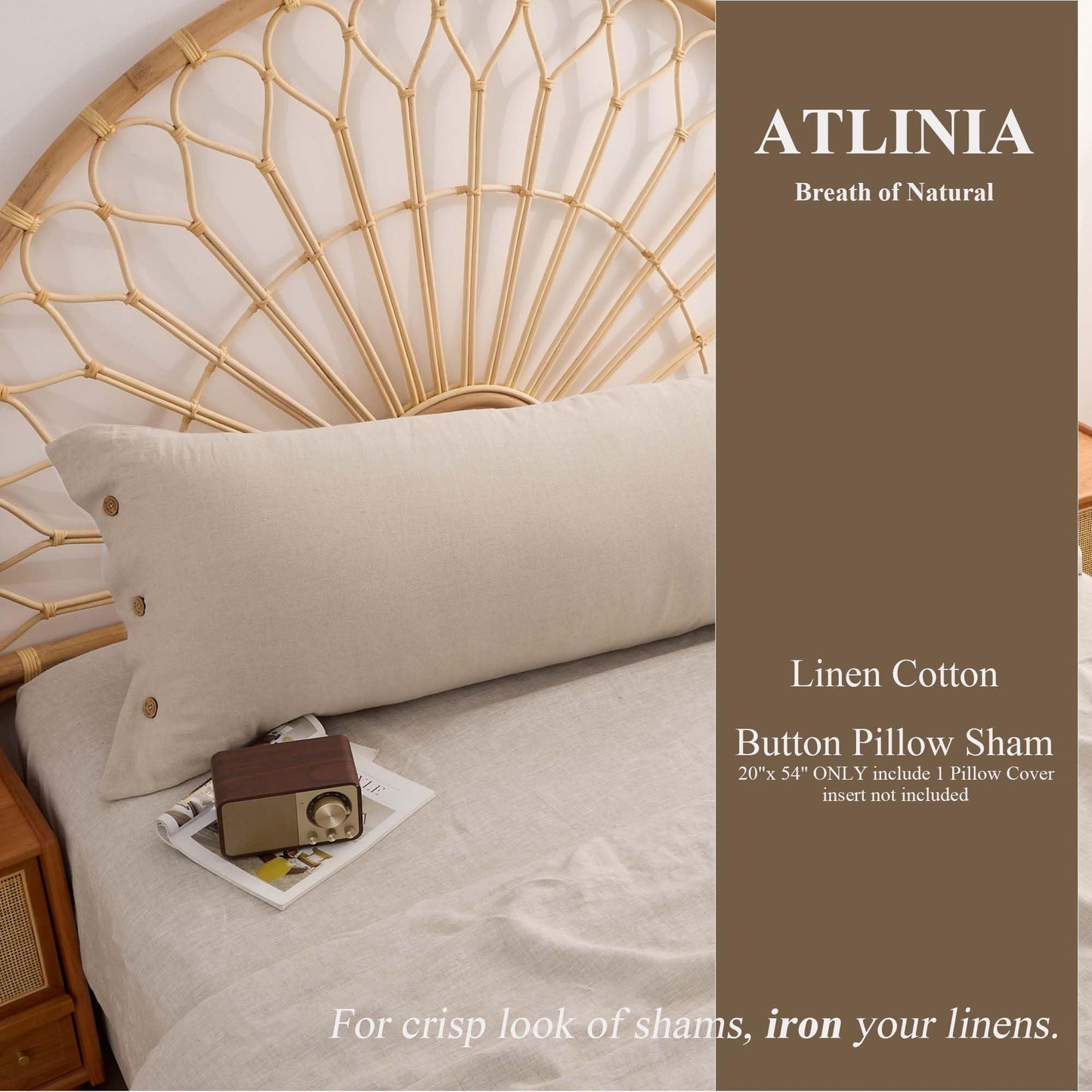 ATLINIA Linen Body Pillowcase with Button - 1 Pack 20"x 54" Body Pillow Cover, Bed Flax Linen Cotton Blend Body Pillow Sham Breathable Cooling Long Decorative Pillow Case Linen Color