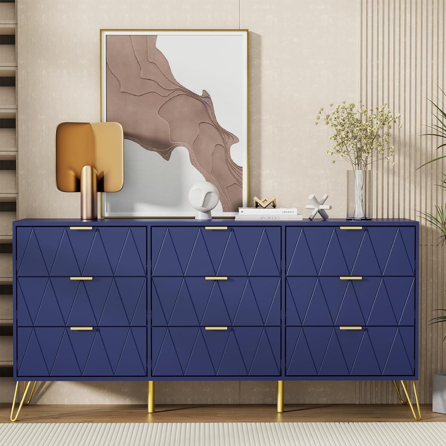 UEV Navy Blue Dresser for Bedroom,Modern 9 Drawer Chest with Gold Accents,Long Storage Dresser for TV Stand & Closet,Large Chest of Drawers for Bedroom