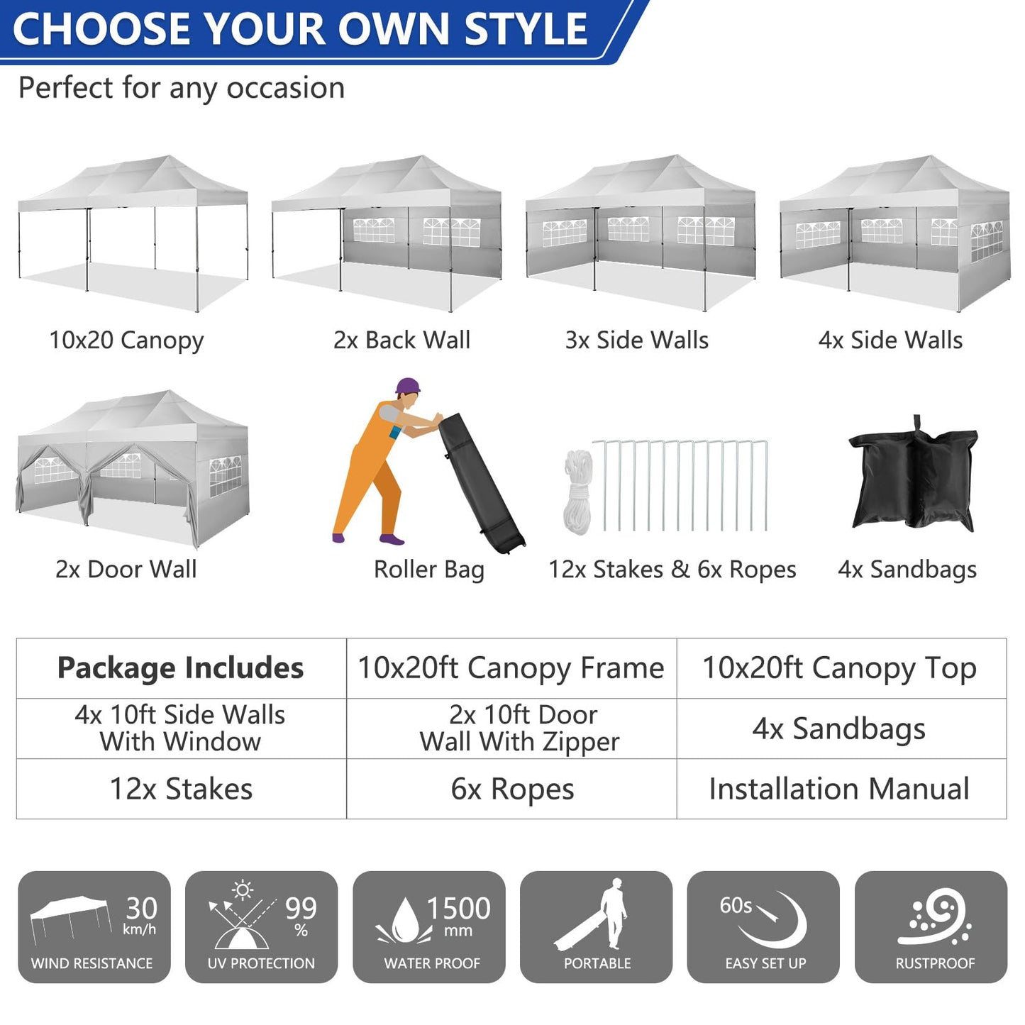 COBIZI 10x20 Pop up Canopy Heavy Duty with 6 Sidewalls, Easy Set-up Commercial Outdoor Party, 100% Waterproof Wedding Canopy Gazebo, 3 Height Adjustable with Wheeled Bag,White