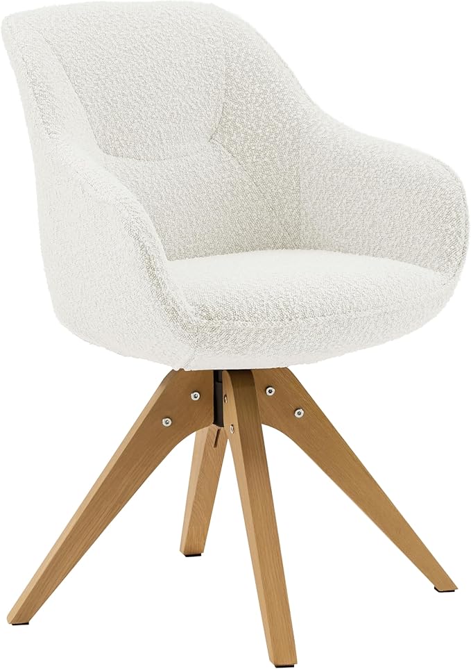 Art Leon Dining Chair - Mid Century Modern Boucle Fabric Swivel Dining Room Chair with Natural Oak Wood Legs, Leisure Side Chair with Arms for Living Room, White