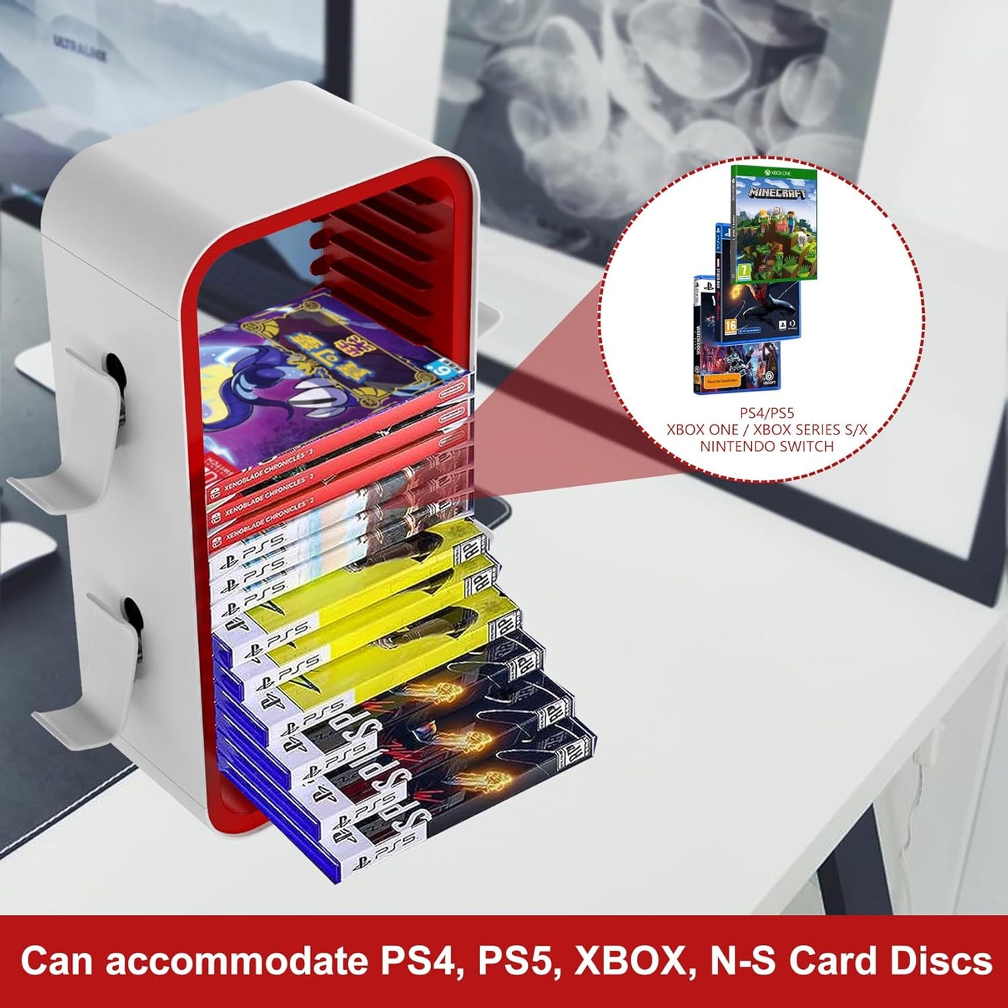 Wigmoa OYO-1 15.8INCH Game Storage Tower - PS5/Xbox Series/Switch Compatible, 18 Disc Organizer with 4 Controller Holder, Red/White