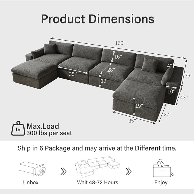 160'' Oversized Boneless Sectional Couches for Living Room, Deepseat Boneless Cloud Modular Sectional Sofa with Ottoman, No Assembly Required L-Shape Cloud Sofa, Plush Fabric, Dark Gray