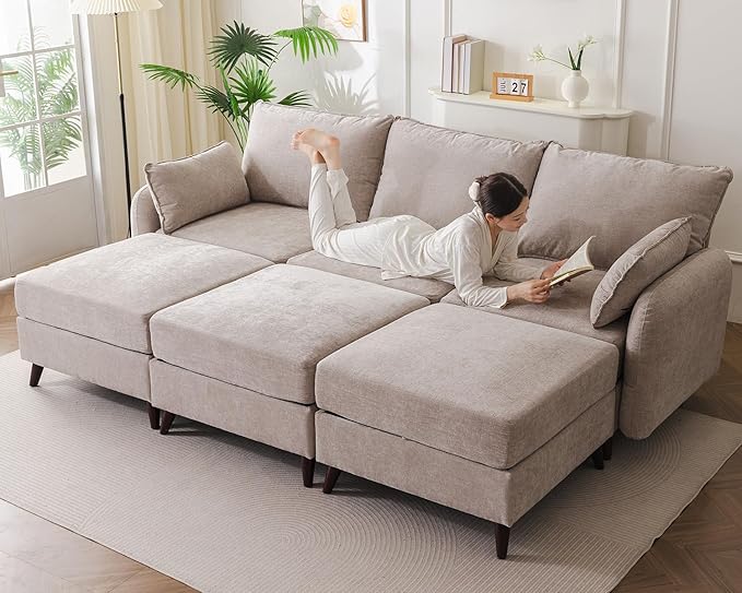 Rexulqo 104'' Modular Sectional Sofa with All Seats Storage, Oversized Sleeper Sofa Bed for Living Room,3-Seater Comfy Cloud Couches with Movable Ottoman,Big Sectional for Bedroom,Velet,Khaki
