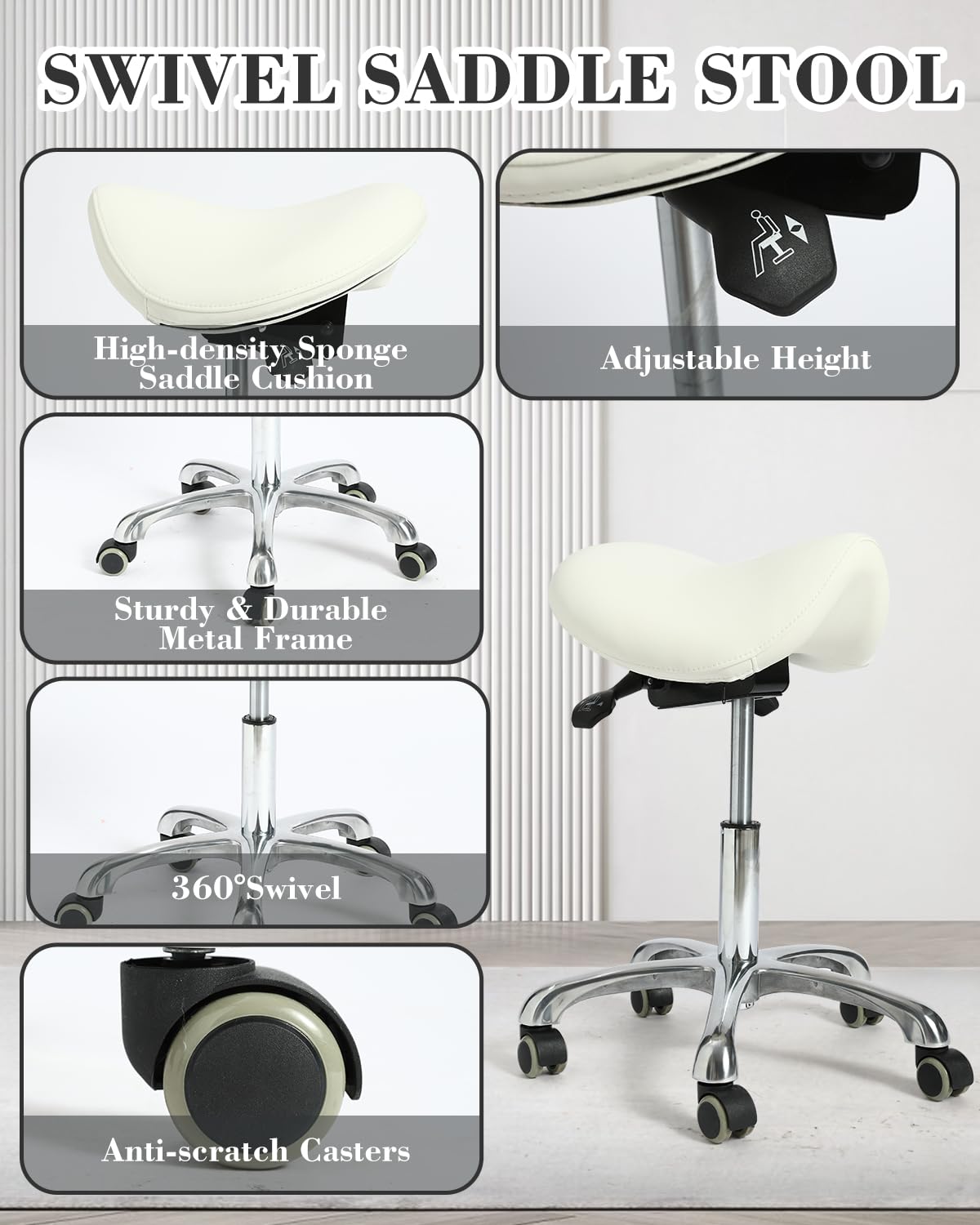 Ergonomic Saddle Stool, Thick Memory Foam Height Adjustable Rolling Chair with Silent Casters & Heavy Duty Aluminum Base, Swivel Tilt Seat No Backrest for Tattoo Salon Office Bar Home Desk, White