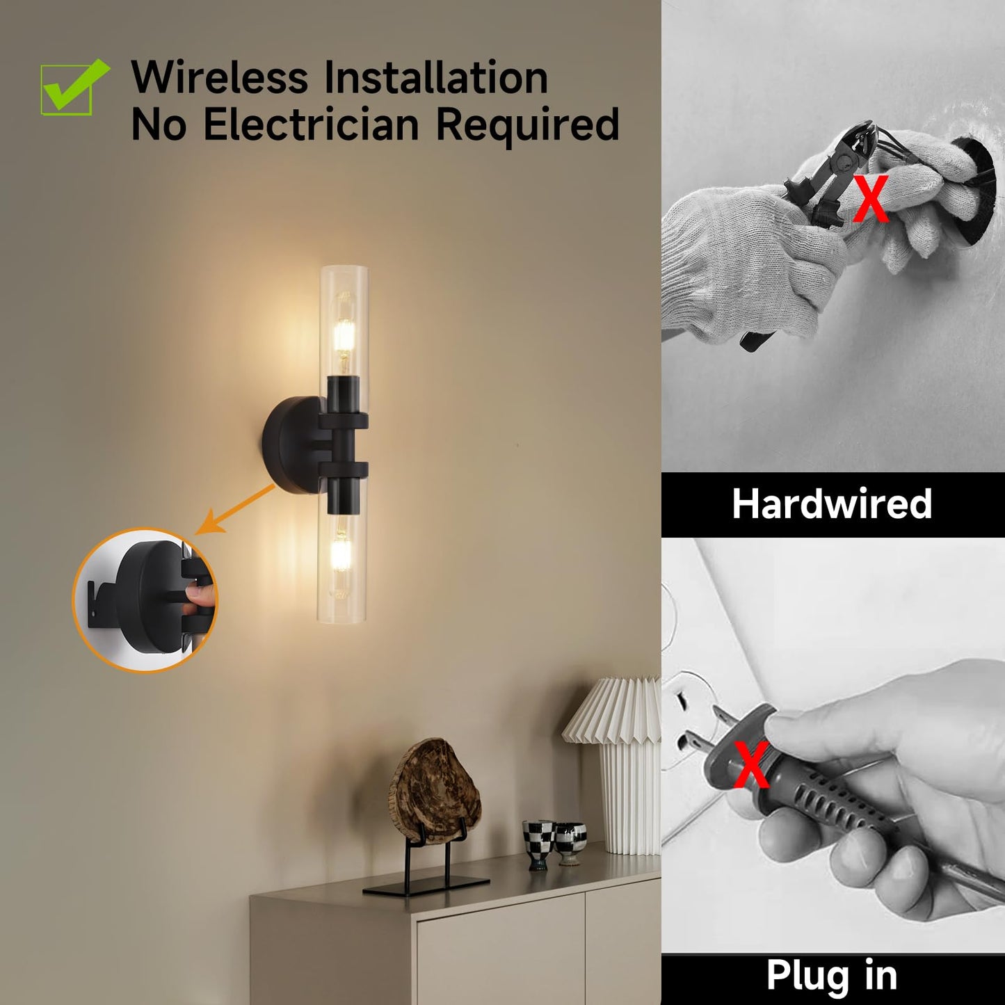 Battery Operated Wall Sconces Set of 2, 330° Rotation 3000K-6000K Dimmable Wireless Wall Sconce with Clear Glass 10400mAh USB Rechargeable Wall Lights with Remote Bulbs Included (Black-2Pack)