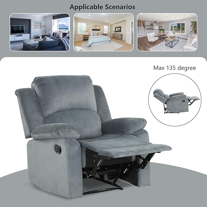 CANMOV Manual Recliner Chair, Soft Fabric Overstuffed Recliner Single Sofa Chair for Living Room, Heavy Duty and Safety Reclining Mechanism (Blue Grey)