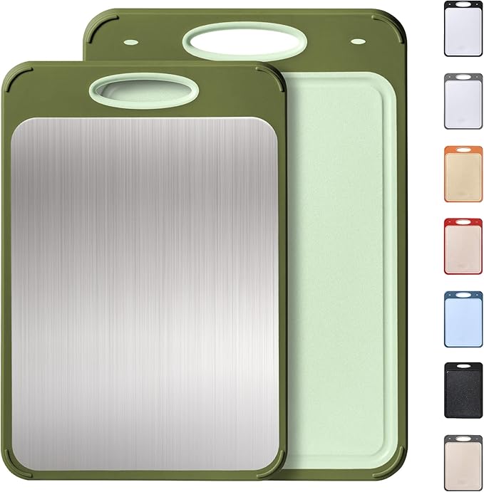 2 in 1 Stainless Steel Cutting Board with Handle 2 Packs Metal Chopping Board Solid Thick Wood Juice Groove Chopping Board Small Big Xl XXl xlarge Oversized Kitchen Counter Organic Vegetable Meat Kit