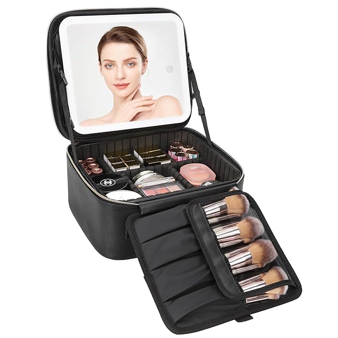Relavel Travel Makeup Bag With LED Mirror, Cosmetic Train Case with Light up Mirror, Portable Makeup Artist Organizer Bag ...