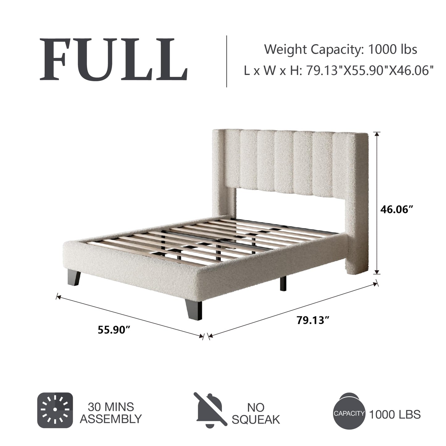 Full Bed Frame with Headboard Upholstered Platform Bed Frame with Teddy Velvet Headboard, Wooden Slats Support/Wing Edge Design/No Box Spring Needed/Easy Assembly, Beige Full