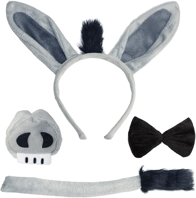 Donkey Costume Accessory Set- Donkey Ears Headband Tail Nose and BowTie, Animal Props Halloween Cosplay Kit (4 Pieces)