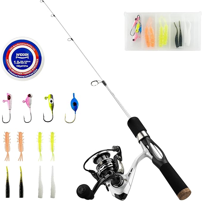 WIDDEN Ice Fishing Rod and Reel Combo, 27" Medium Light Spinning Ice Fishing Pole, Gear with Tackle Box Kit, Line, Lures f...