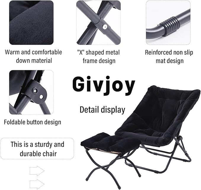Givjoy Comfy Folded Chair with Ottoman, Oversized Folding Faux Fur Chair Soft Furry Lounge Lazy Chair with Metal Frame Moon Chair Accent Chair for Bedroom, Living Room, Dorm Rooms