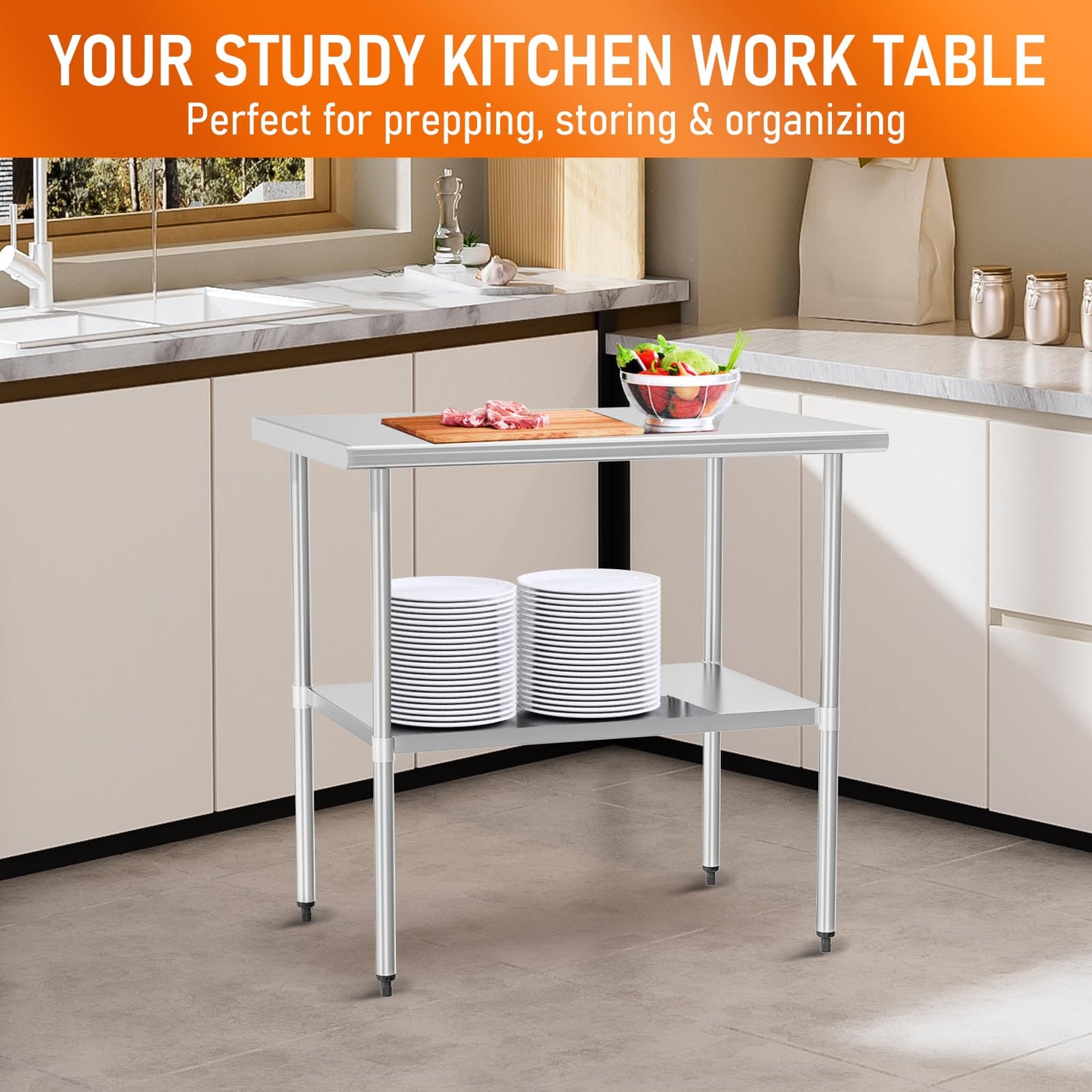 HOCCOT Stainless Steel Table for Food Prep & Work 30 x 36 inches Utility Table with Adjustable Undershelf, Commercial Workstation in Kitchen, Garage, Outdoor BBQ