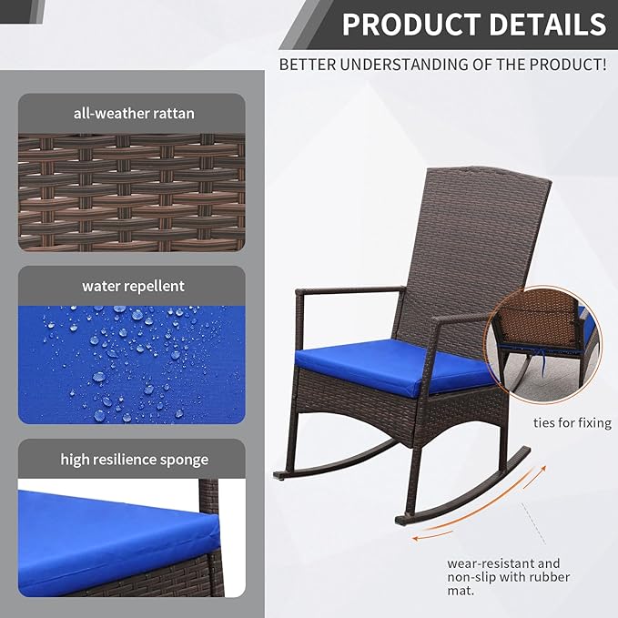 Oasishine Rocking Chair Outdoor 3 Pieces High-Backed Patio Rocking Chairs Bistro Table and Chairs Set of 2, Royal Blue