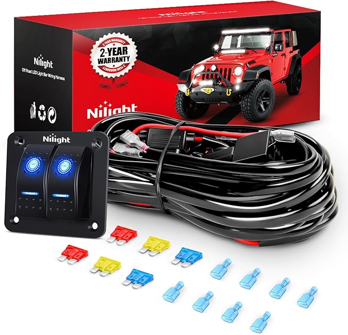Nilight 16AWG LED Light Bar Wiring Harness Kit 12V On/Off 2 Gang Rocker Switch Panel Power Relay Blade Fuse 5Pin Toggle Sw...