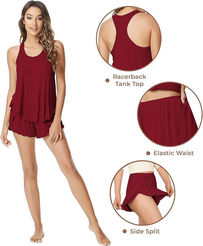 NACHILA Pajamas for Women-Viscose from Bamboo, Ribbed Racerback Tank Top Sexy Split Shorts Pajama Sets Cooling Sleep Cami Pjs