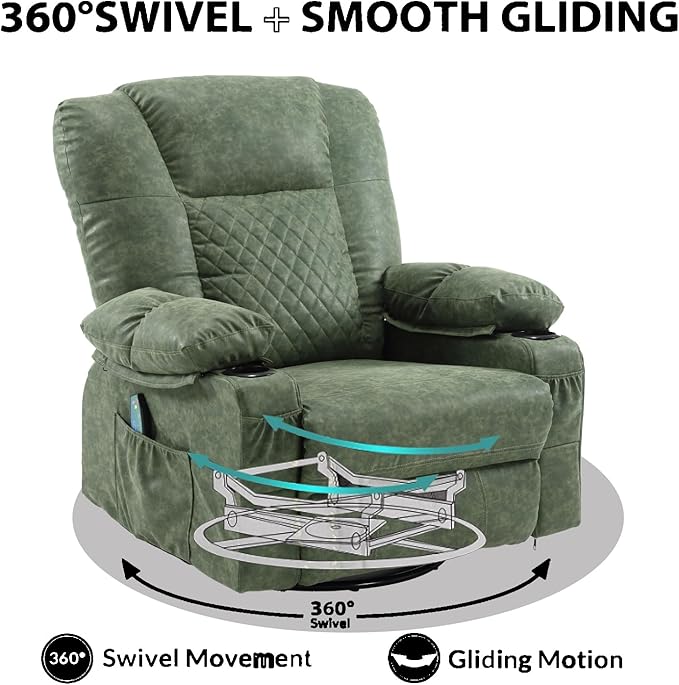 Comermax Massage Recliner Chair with Heat, 360° Swivel Rocker Recliner Chair with Cup Holders, 150° Recline PU Leather Recliner for Living Room, Dark Green