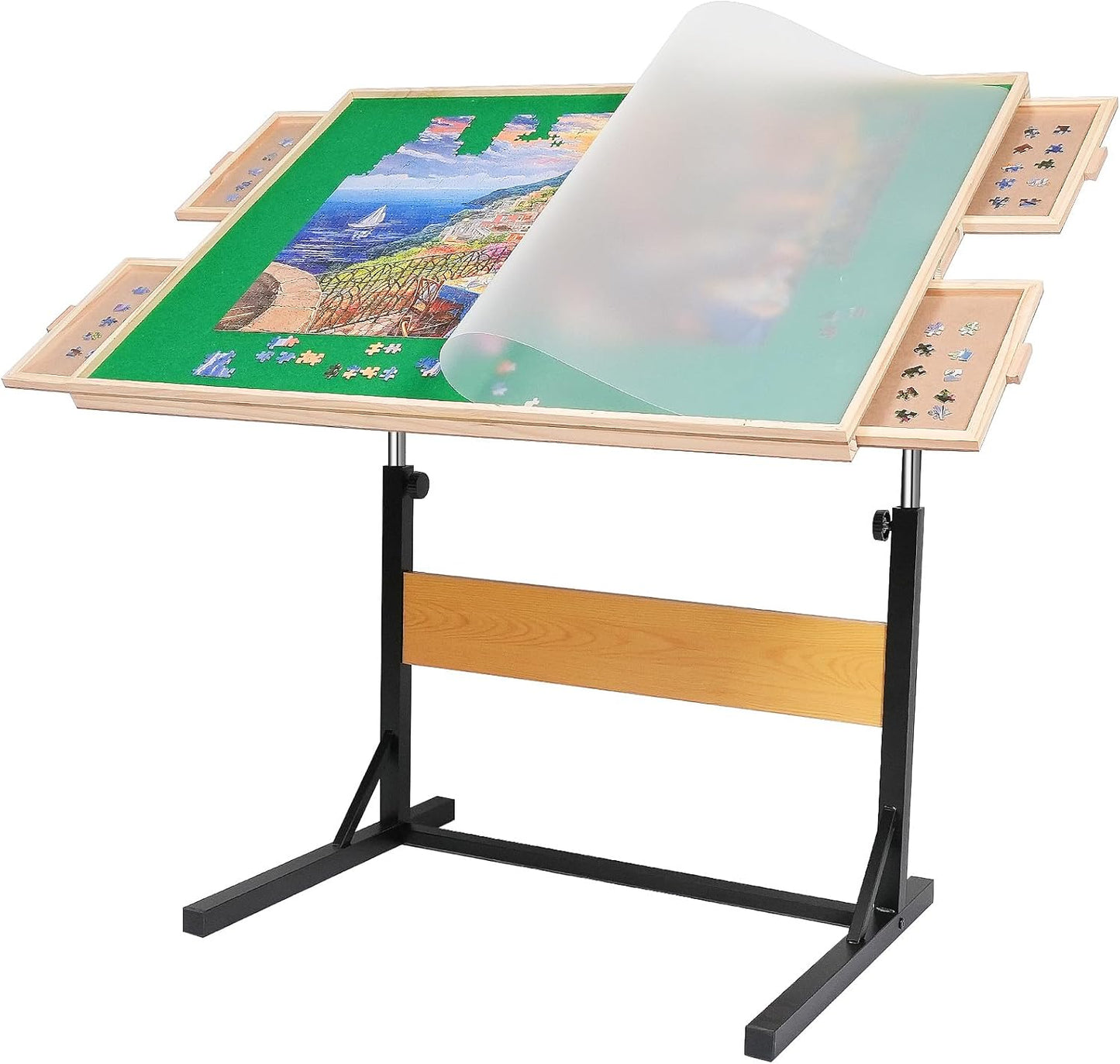 1500pcs Puzzle Table with Legs,34.25" x 25.2"Wooden Jigsaw Puzzle Board with 4 Drawers & Cover,Height Adjustment & Weight optimization