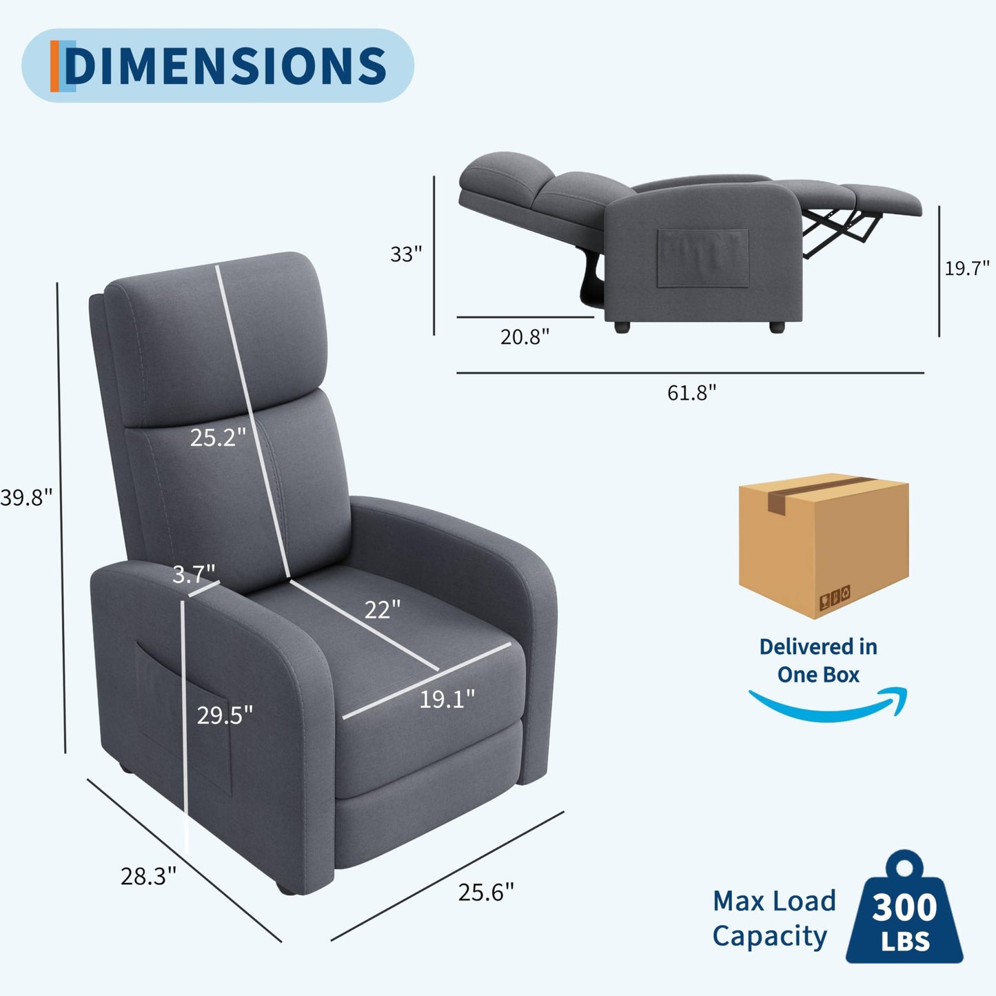 Garvee Recliner Chair for Adults, Leather Lazy Recliner Ergonomic Adjustable Single Sofa Enhanced with Side Pocket, Tall Back, Wide Arms & Padded Seat, Home Theater Seating for Living Room, Grey