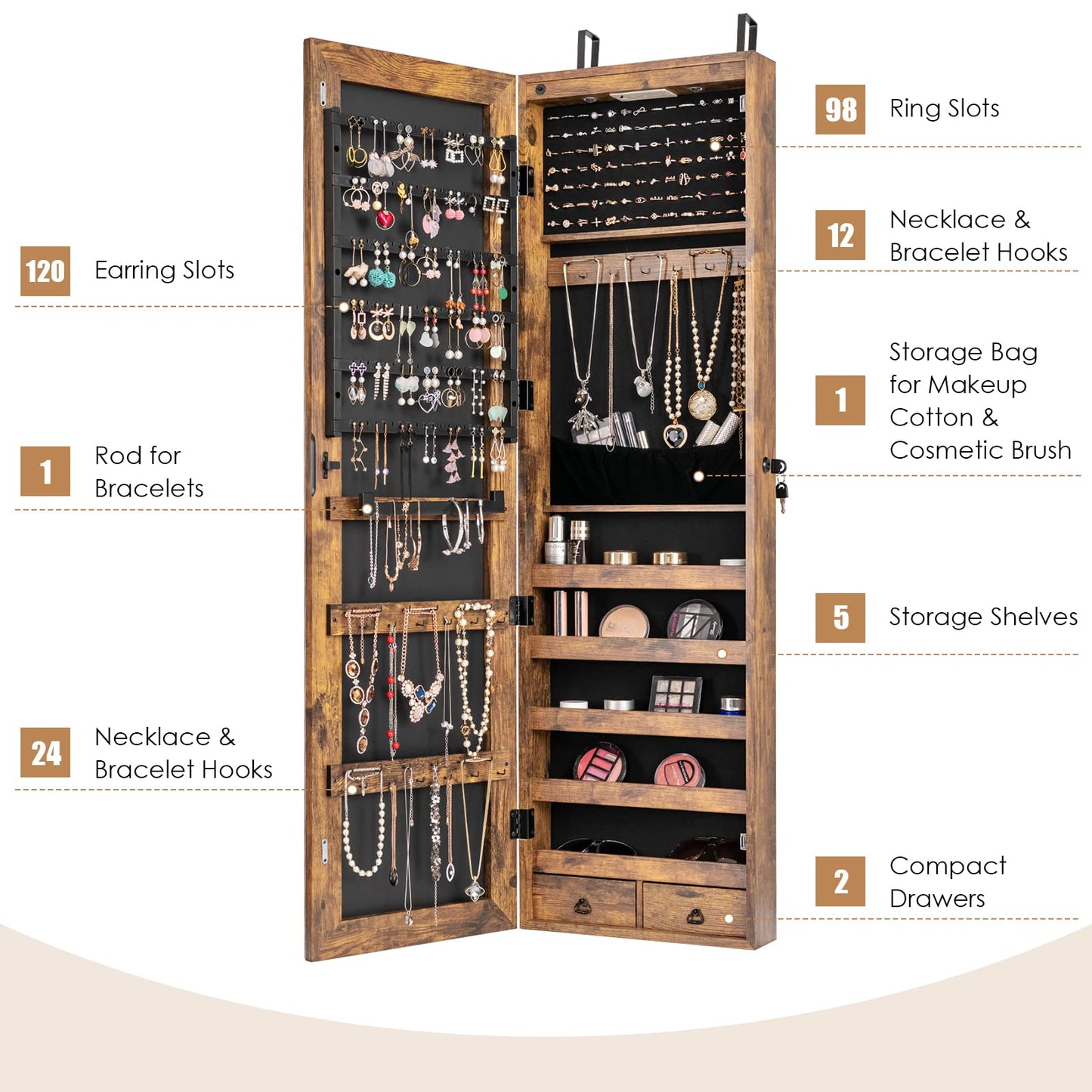 MAT EXPERT Jewelry Armoire, Wall Door Mounted Hanging Jewelry Organizer w/Full-length Mirror, 2 LED Lights and 2 Drawers, Lockable Large Storage Mirror Jewelry Cabinet for Bedroom (Brown)